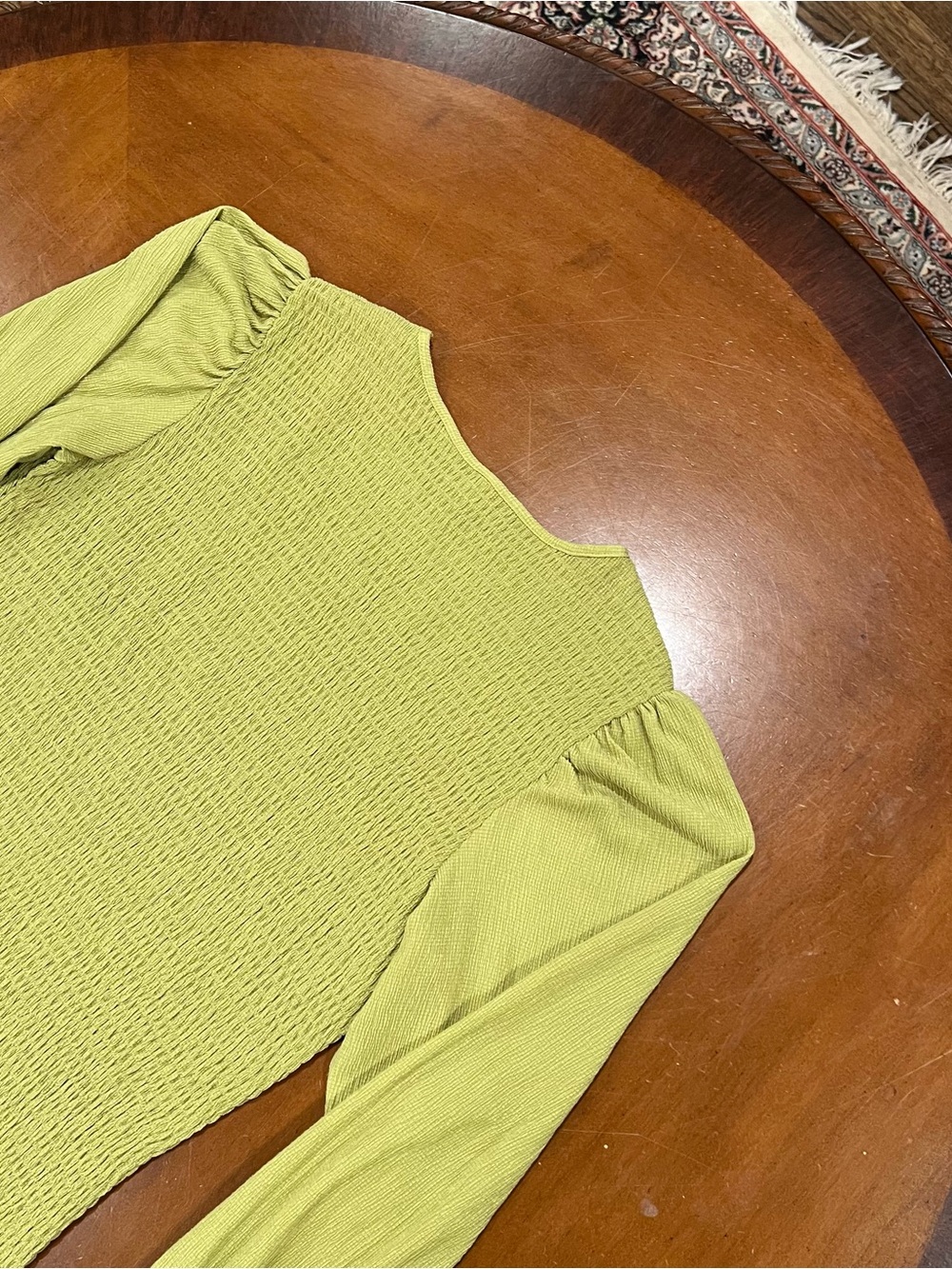 Anthropologie Textured Smocked Puff Sleeve Blouse Guacamole Green XL Long-Sleeve - Picture 9 of 16